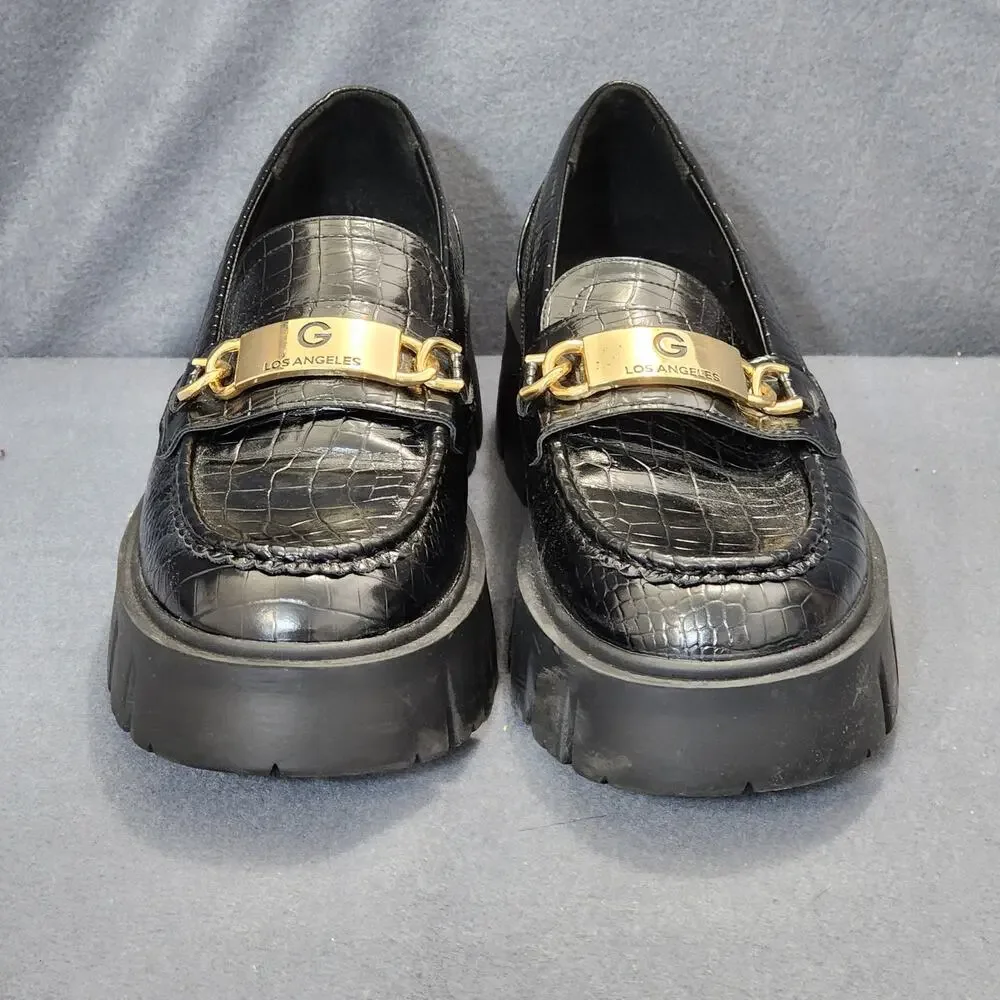 GBG Guess Womens Shoes 9M Black Gold GGCOLLIE Chunky Platform Loafers 90s Y2K